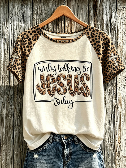 Women's Faith Slogan Leopard Print Pattern Printed Leisure Round Neck T-shirt