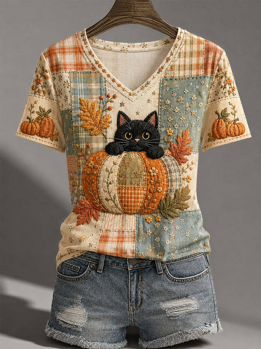 Women's Fall Season Cute Black Cat Print Casual V-Neck Tee