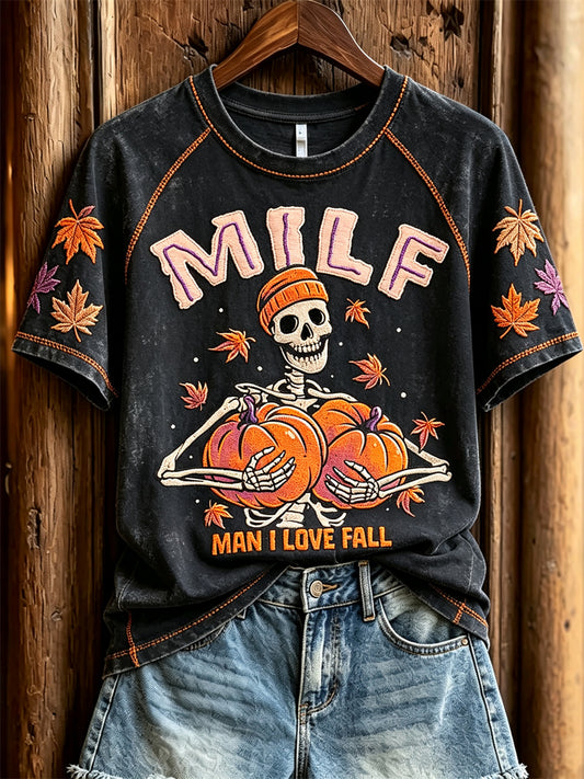 Women's MILF Man I Love Fall Pumpkins & Skeleton Print short sleeve T-shirt