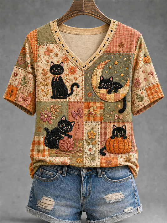 Women's Fall Season Cute Black Cats Print Casual V-Neck Tee