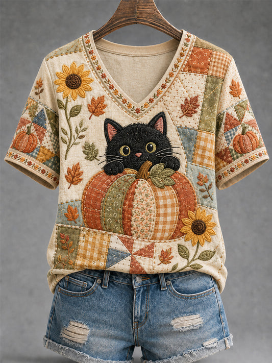 Women's Fall Season Cute Black Cat Print Casual V-Neck Tee