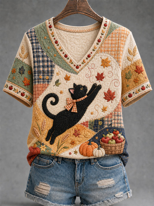 Women's Fall Season Cute Black Cat Print Casual V-Neck Tee