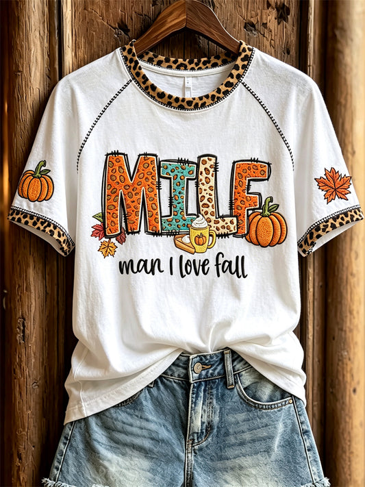 Women's MILF Man I Love Fall Pumpkins & Maple Leaves Leopard Print short sleeve T-shirt