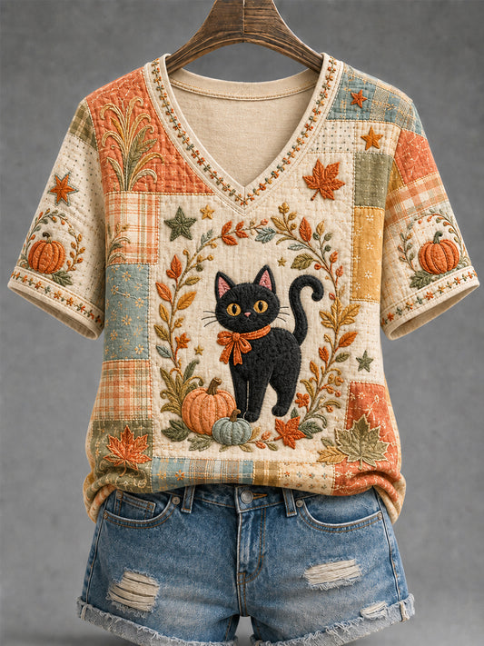 Women's Fall Season Cute Black Cat Print Casual V-Neck Tee