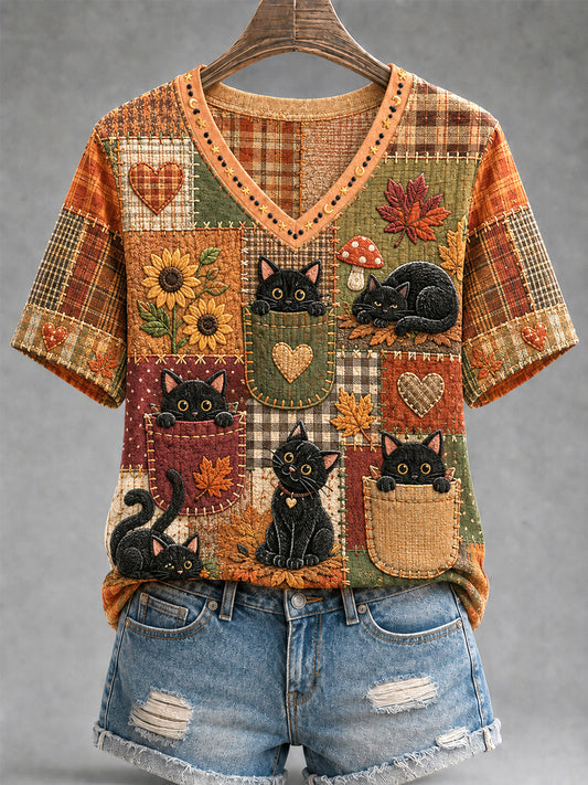 Women's Fall Season Cute Black Cats Print Casual V-Neck Tee