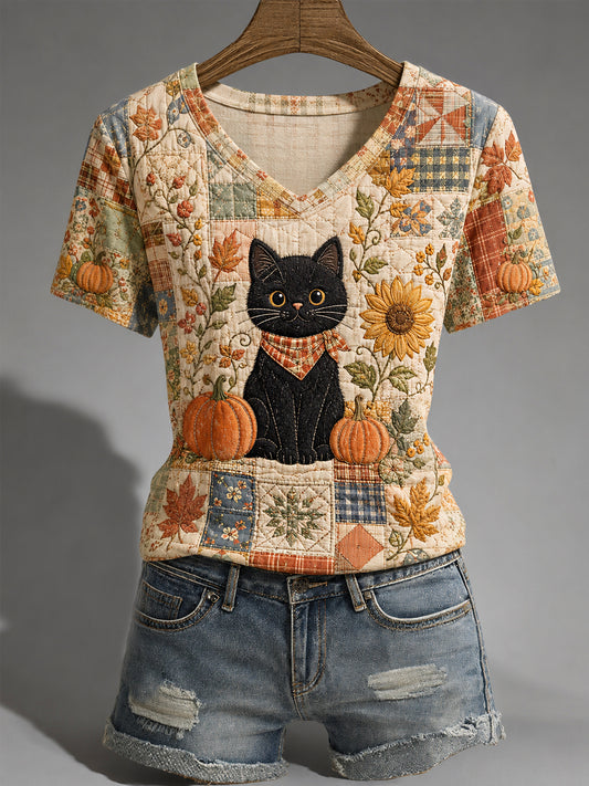 Women's Fall Season Cute Black Cat Print Casual V-Neck Tee