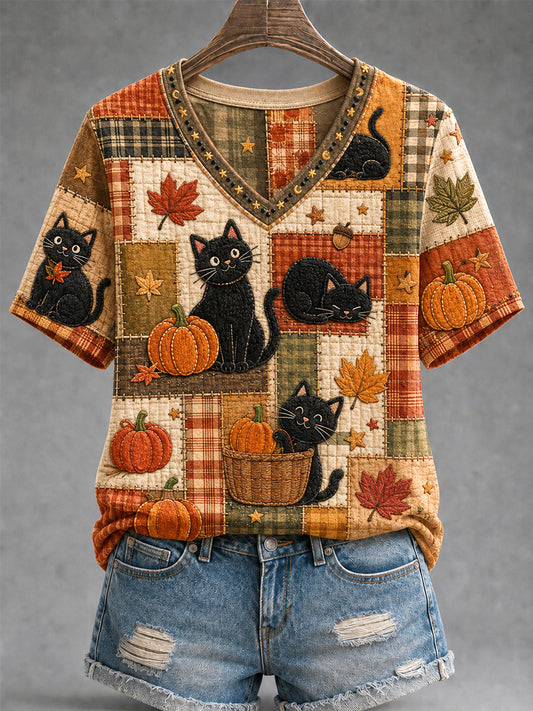 Women's Fall Season Cute Black Cats Print Casual V-Neck Tee