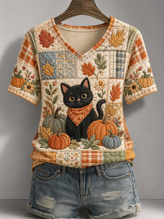 Women's Fall Season Cute Black Cat Print Casual V-Neck Tee