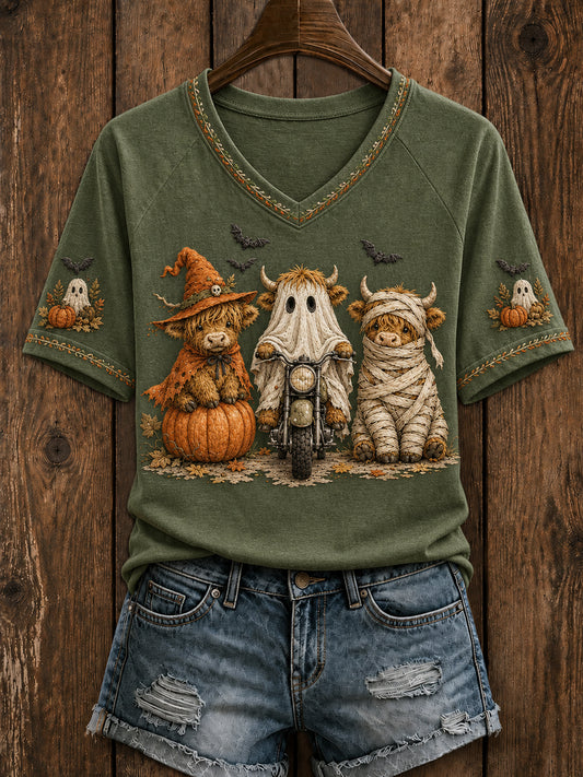 Women's Retro Autumn Highland Cow Pumpkin Ghost  Short Sleeve T-shirt