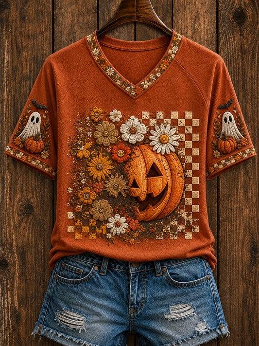 Women's Retro Autumn Pumpkin Ghost  Short Sleeve T-shirt