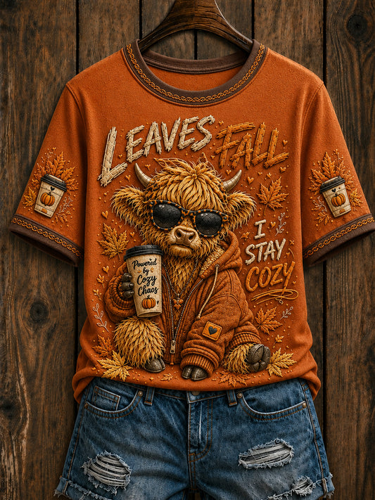 Women's Retro Autumn Cow Highland Cow Leaves Fall I dont  Short Sleeve T-shirt