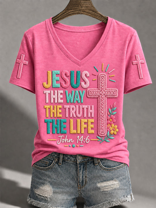 Women's Jesus The Way The Truth The Life Cross Print Casual V-Neck Tee