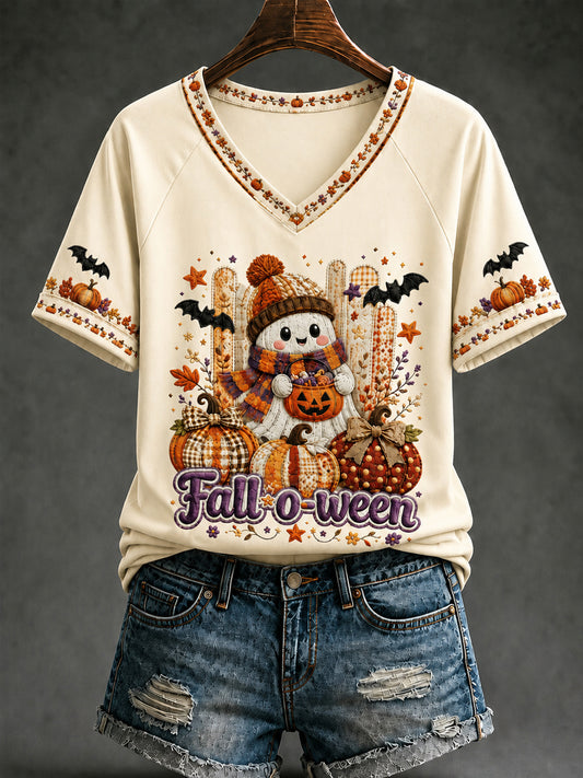 Women's Cozy Autumn Halloween Fall O Ween Ghost  V-neck Short Sleeve T-shirt