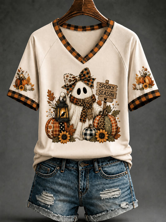 Women's Cozy Autumn Halloween Ghost  Pumpkin Spice V-neck Short Sleeve T-shirt