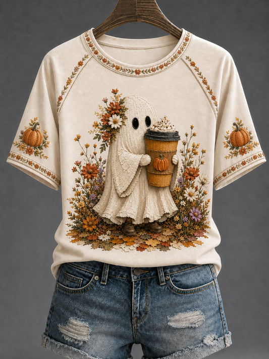 Women's Cozy Autumn Ghost Pumpkin Spice O-neck Short Sleeve T-shirt