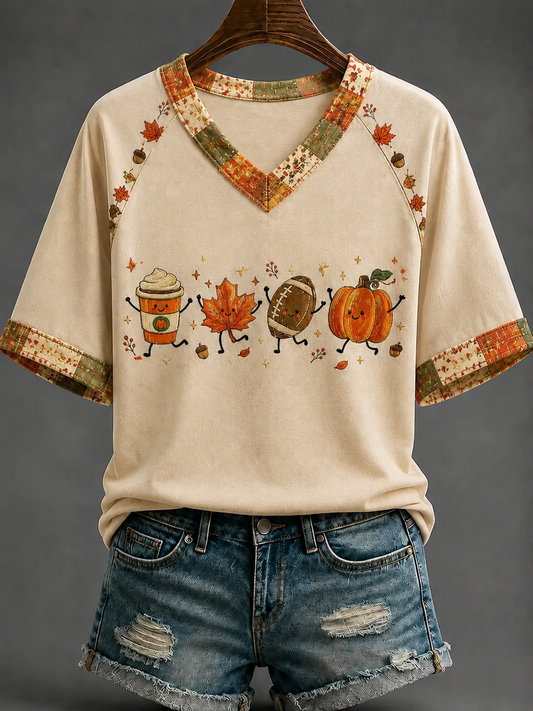 Women's Autumn V-neck Off-shoulder Short-sleeved T-shirt