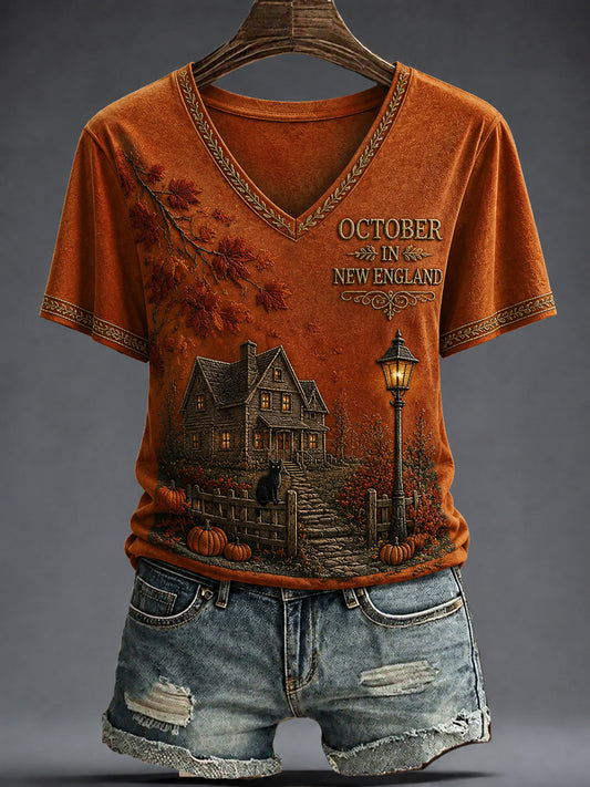 Women's OCTOBER IN NEW ENGLAND Printed V-neck T-shirt