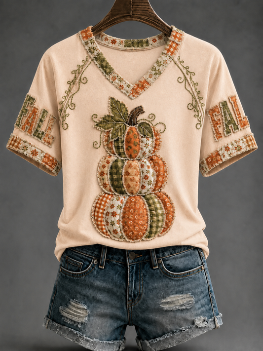 Women's Fall V-neck Off-shoulder Short-sleeved T-shirt