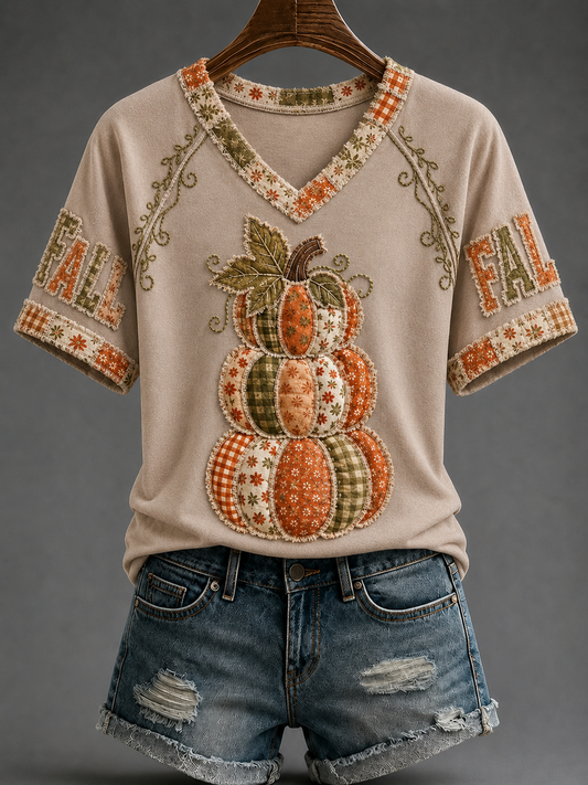 Women's Fall V-neck Off-shoulder Short-sleeved T-shirt