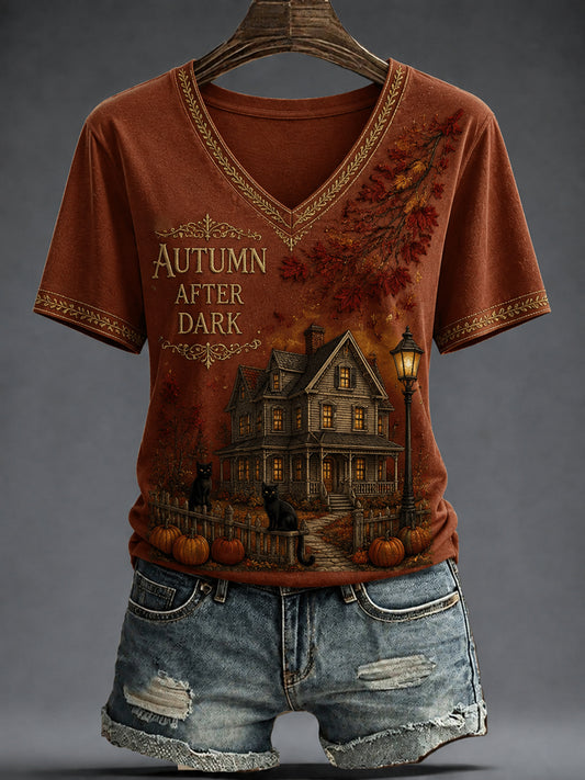 Women's AUTUMN AFTER DARK Printed V-neck T-shirt