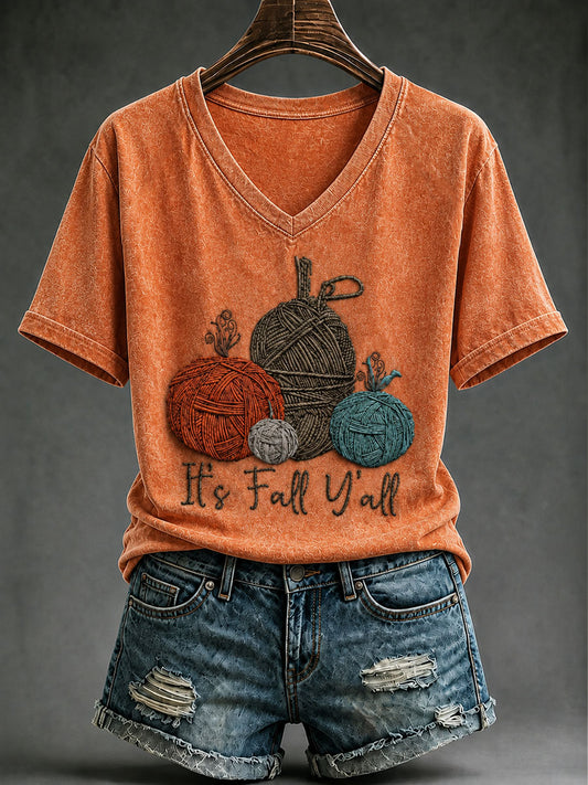 Women's It's Fall Y'all Yarn Pumpkin Short-sleeved T-shirt