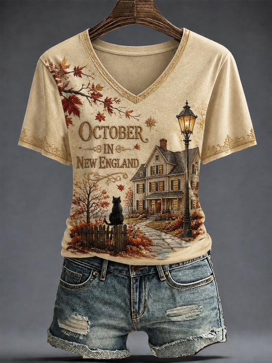 Women's OCTOBER IN NEW ENGLAND Printed V-neck T-shirt