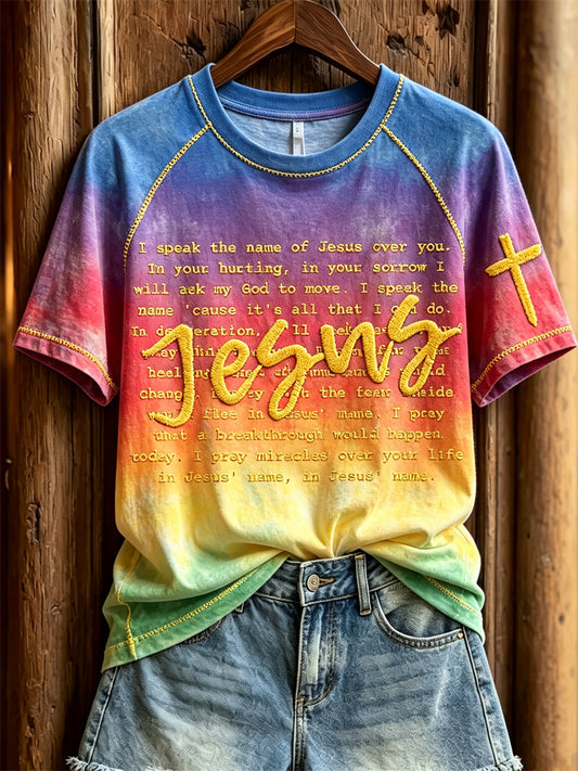 Women's Jesus Faithful Words Print Gradient Color short sleeve T-shirt