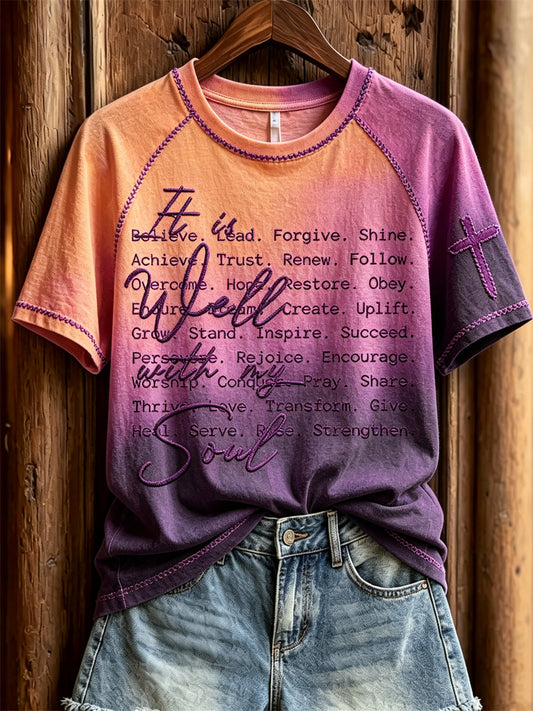 Women's It Is Well with My Soul Faithful Words Print Gradient Color short sleeve T-shirt