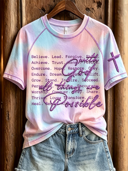 Women's With God All Things Are Possible Cross Print Gradient Color short sleeve T-shirt