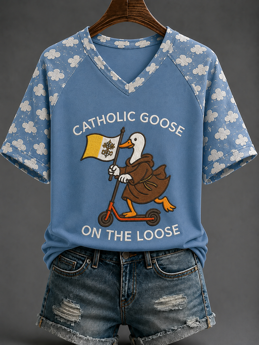 Women's Catholic Goose On The Loose V-neck Off-shoulder Short-sleeved T-shirt