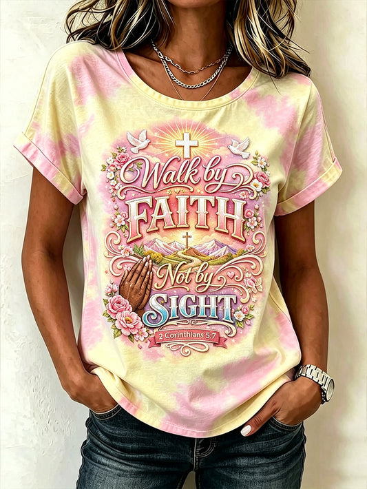 Women's Faith Slogan Leopard Print Pattern Printed Leisure Round Neck T-shirt