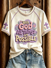 Women's With God All Things Are Possible Floral Cross Print short sleeve T-shirt