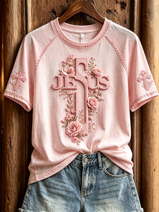 Women's Jesus Cross Pink Floral Print short sleeve T-shirt