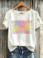 Women's Faith Slogan Leopard Print Pattern Printed Leisure Round Neck T-shirt