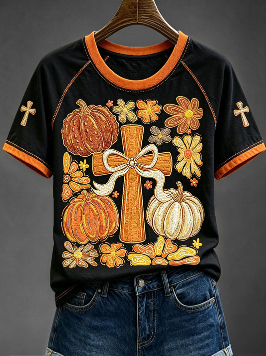 Women's Christian Jesus Wildflower Pumpkin Fall Leaves Print Short Sleeve T-shirt