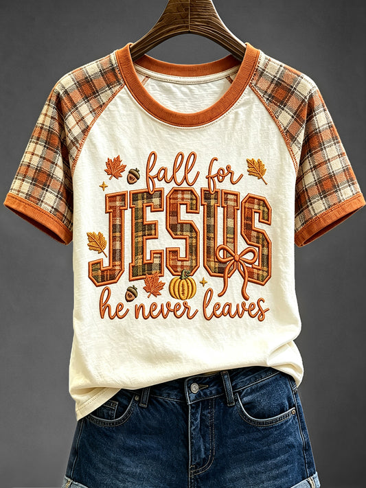 Women's Fall For Jesus Print Plaid Short Sleeve Round Neck T-shirt