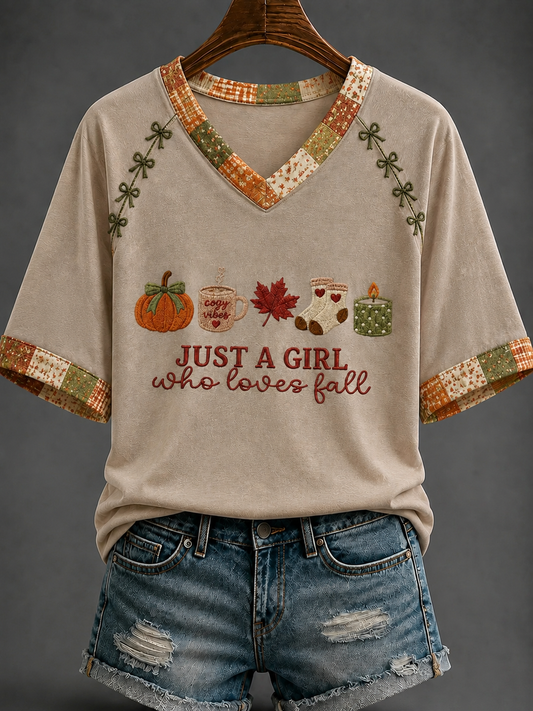 Women's Autumn V-neck Off-shoulder Short-sleeved T-shirt