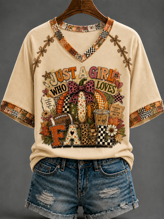 Women's Autumn V-neck Off-shoulder Short-sleeved T-shirt