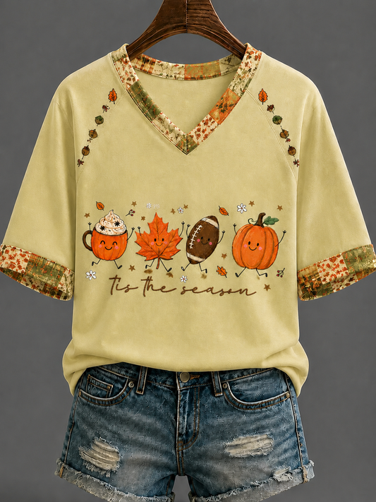 Women's Autumn V-neck Off-shoulder Short-sleeved T-shirt