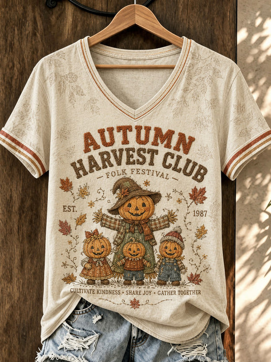Women's Autumn Harvest Club Printed V-neck T-shirt