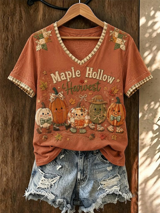 Women's Maple Hollow Harvest Printed V-neck T-shirt
