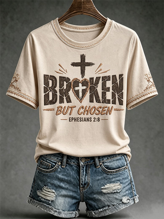 Women's Christian Cross Broken But Chosen Print Casual Tee