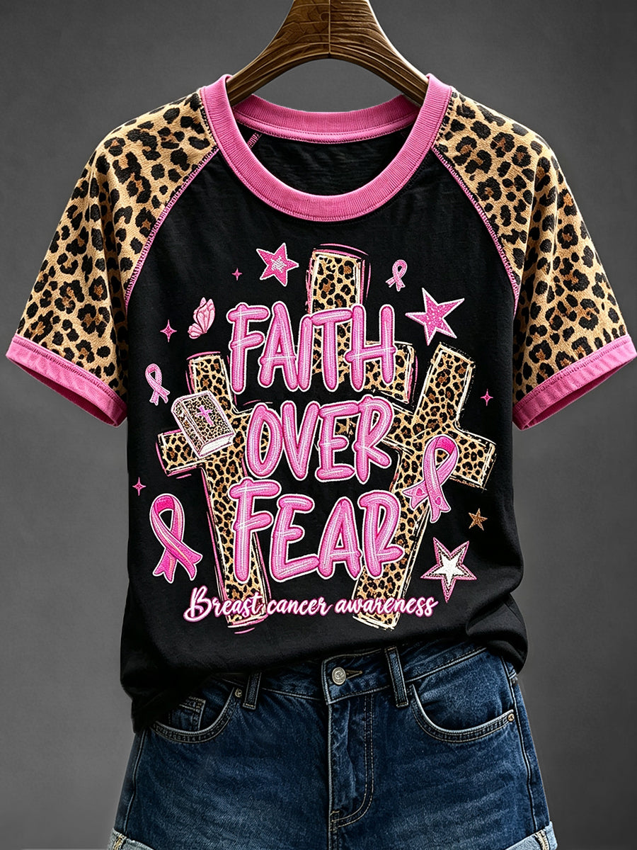 Women's Faith Over Fear Breast Cancer Awareness Leopard Print Short Sleeve T-shirt