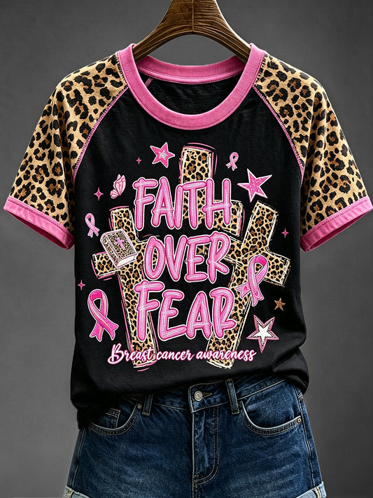 Women's Faith Over Fear Breast Cancer Awareness Leopard Print Short Sleeve T-shirt