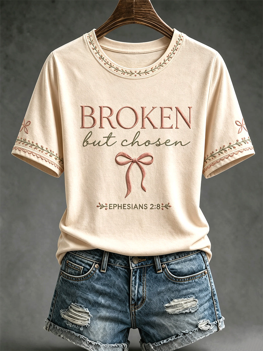 Women's Christian Cross Broken But Chosen Print Casual Tee