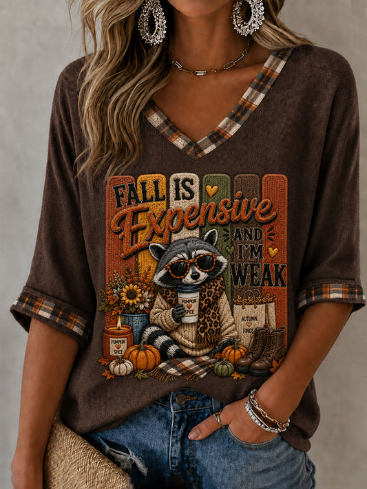 Women's Fall Is Expensive Pumpkin Spice Mid-length Sleeves V-Neck T-Shirt