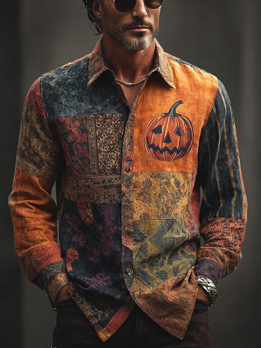 Men's Halloween pumpkin pattern retro casual shirt