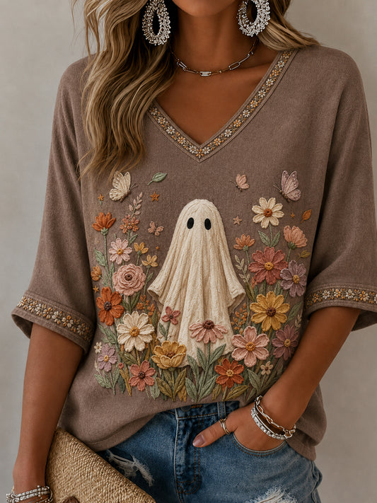 Women's Halloween Wildflowers Ghost  Mid-length Sleeves V-Neck T-Shirt