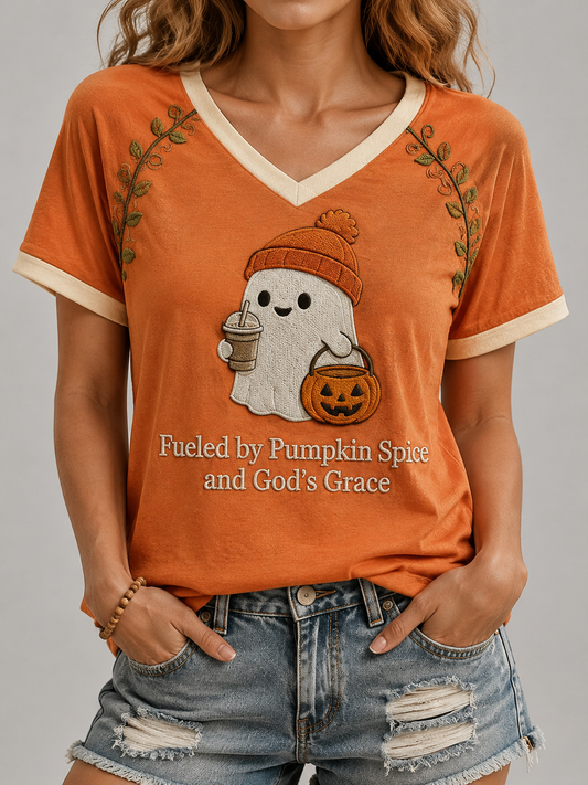 Women's Autumn Jesus V-neck Off-shoulder Short-sleeved T-shirt