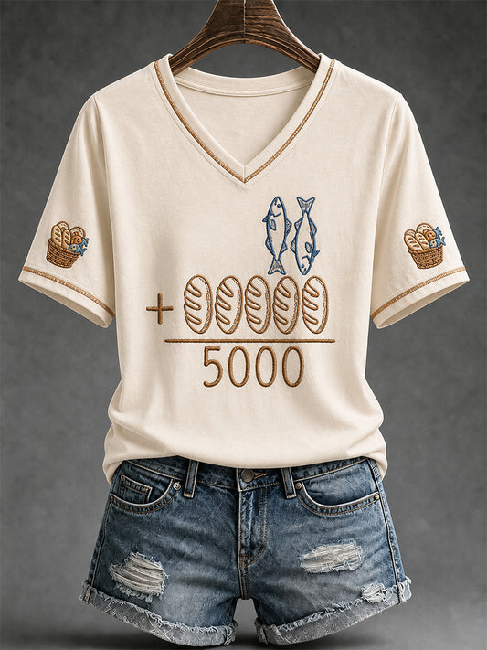 Women's Jesus 2 Fishes 5 Breads 5000 Chosen Against The Current Print Casual V-Neck Tee